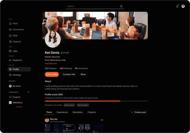 Close-up of the Cocpit personal profile interface